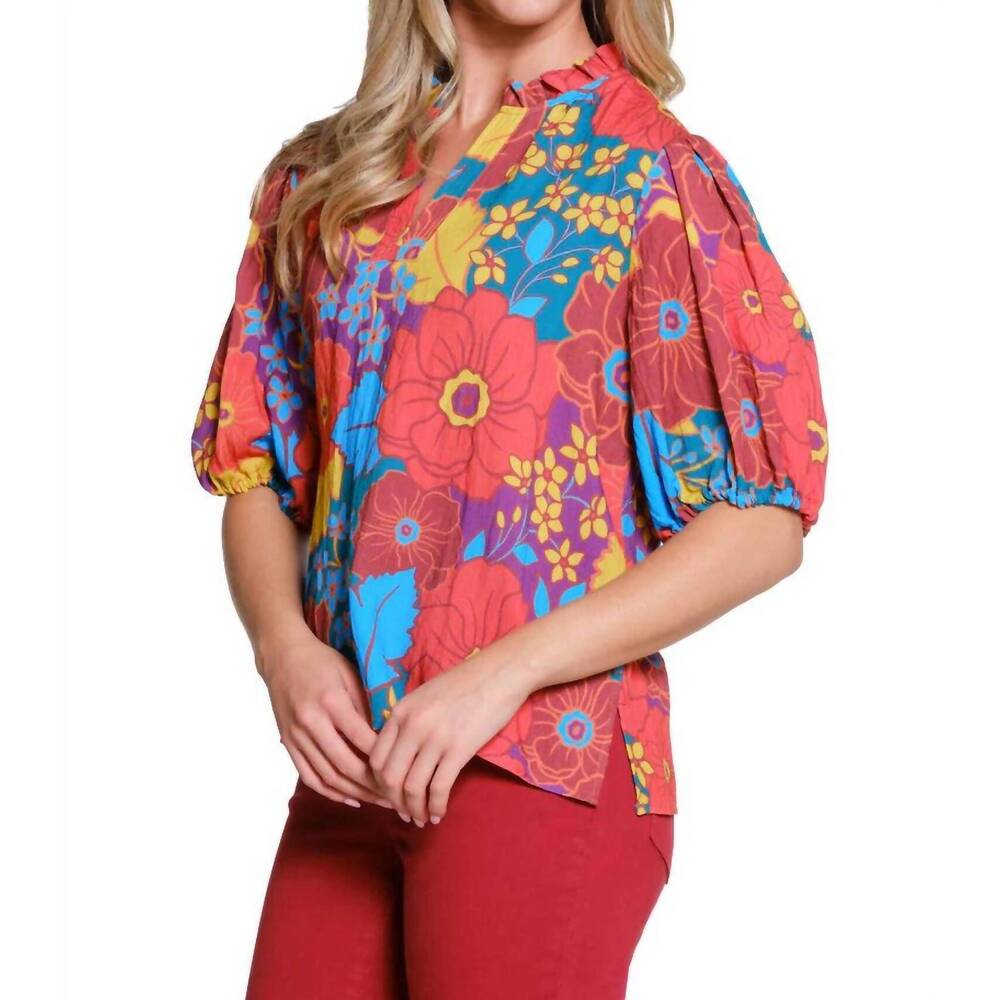 NEW TRU LUXE floral print split neck top in multi